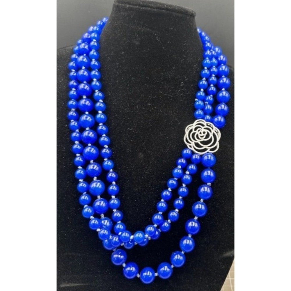 Vintage Glass Necklace Royal Blue Multi Strand Beads Floral Crystal Pave Accent